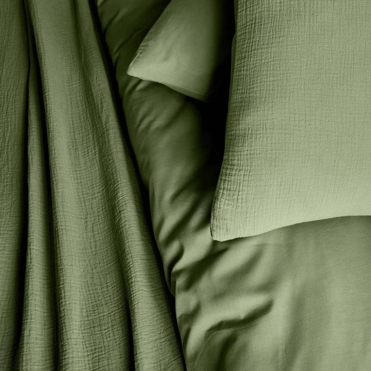 sweeek Set biancheria da letto in garza di cotone verde kaki