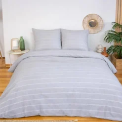 sweeek Set biancheria da letto in microfibra a righe grigie, 2 posti