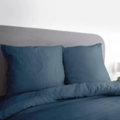 sweeek Set biancheria da letto in microfibra lavata blu notte, 2 posti