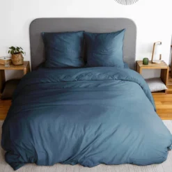 sweeek Set biancheria da letto in microfibra lavata blu notte, 2 posti