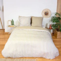 Set biancheria da letto in microfibra a righe beige, 2 posti