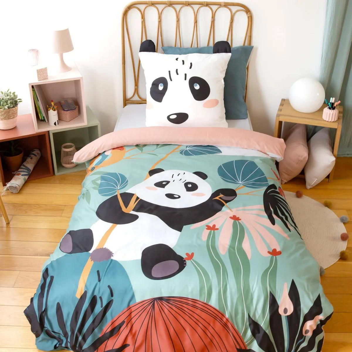 sweeek Set biancheria da letto in microfibra reversibile con stampa di panda, 140cm