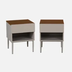 Set 2 comodini in metallo e decorazione in legno 1 anta 1 vano