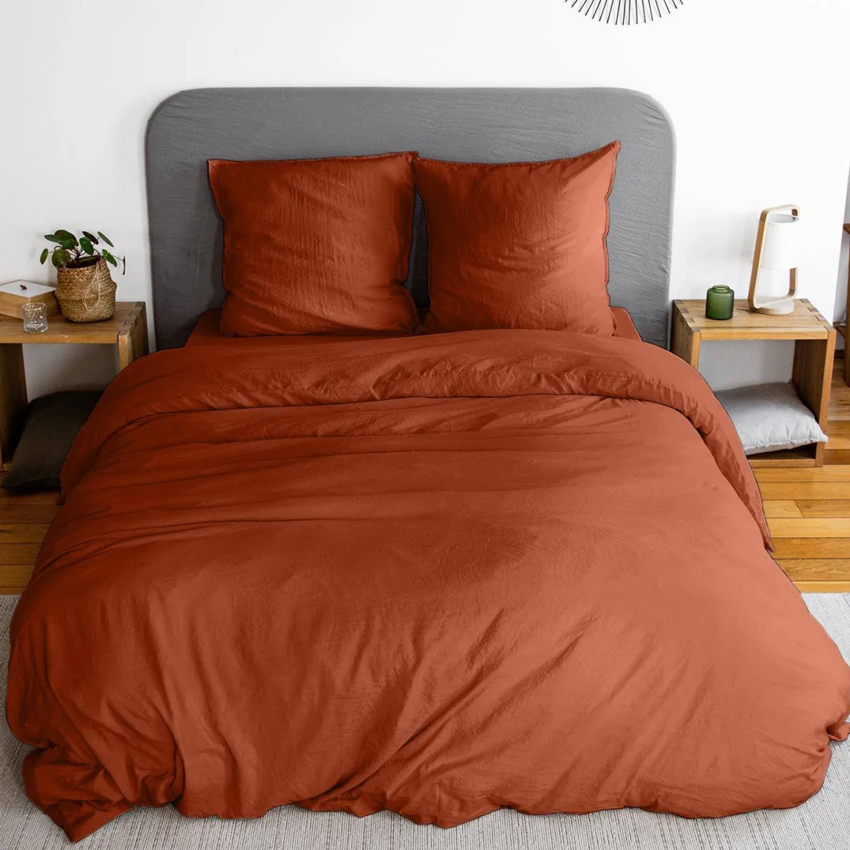 sweeek Set di biancheria da letto in microfibra lavata terracotta a 2 posti