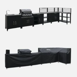 Set di 7 moduli da cucina con barbecue + copertura