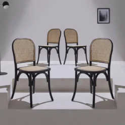 Set di 4 sedie in legno e rattan vintage