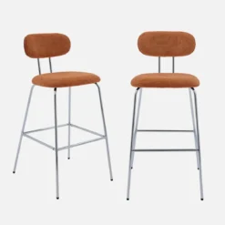Set di 2 sgabelli da bar legno tinto noce e tessuto idrorepellente gambe in metallo cromato