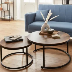 sweeek Set di 2 tavolini rotondi in metallo e legno