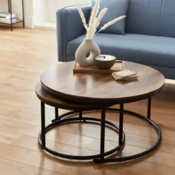 sweeek Set di 2 tavolini rotondi in metallo e legno