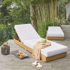 sweeek Set 2 lettini prendisole in acacia e poliestere multiposizione con ruote