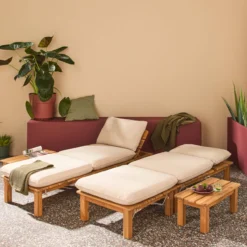 sweeek Set 2 lettini prendisole modulari in legno multiposizione con tavolino