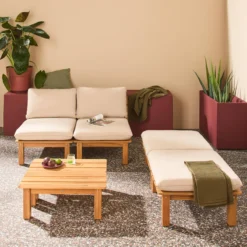 sweeek Set 2 lettini prendisole modulari in legno multiposizione con tavolino