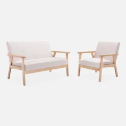 Set panca e poltrona in legno e tessuto, 3 posti