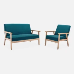 Set panca e poltrona in legno e tessuto, 3 posti
