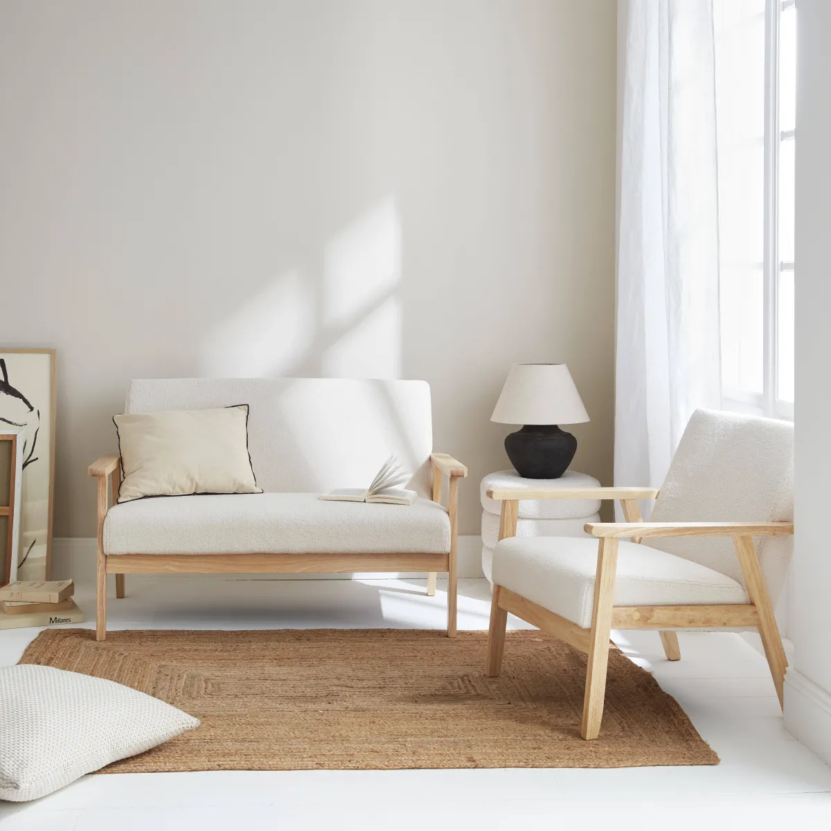 sweeek Set panca e poltrona in legno e tessuto, 3 posti