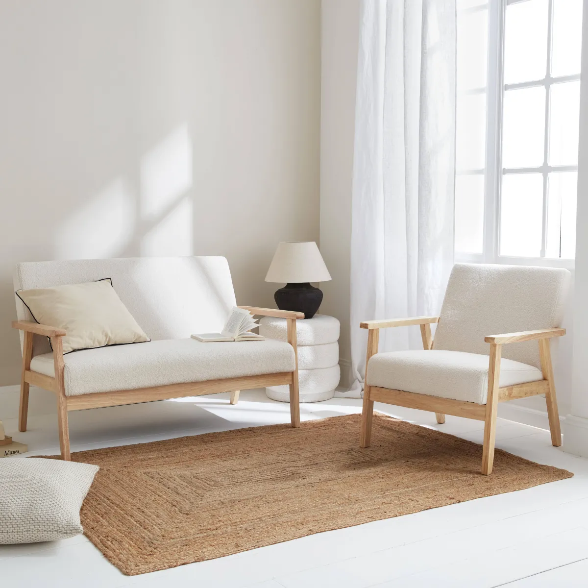 sweeek Set panca e poltrona in legno e tessuto, 3 posti