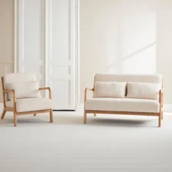 sweeek Set panca scandinava 2 posti e poltrona in legno e tessuto bouclé