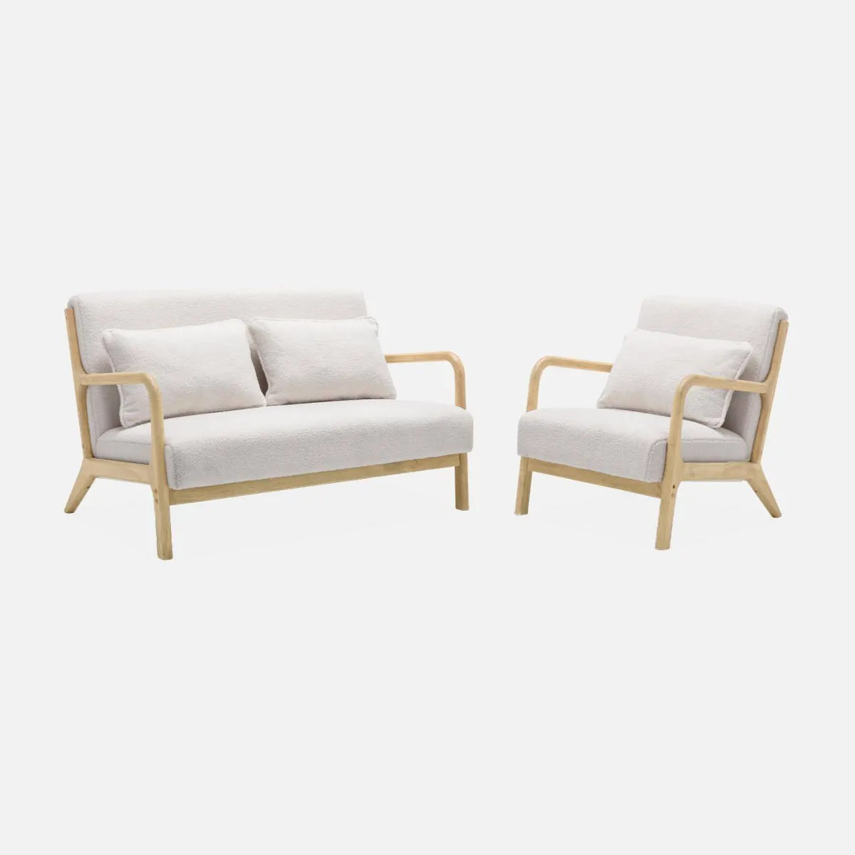 sweeek Set panca scandinava 2 posti e poltrona in legno e tessuto bouclé