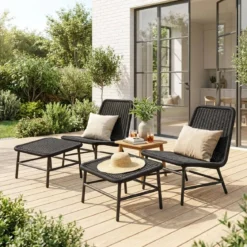 Set 2 poltrone da giardino con poggiapiedi in alluminio e corda
