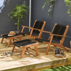 Set 2 poltrone da giardino e poggiapiedi in legno e corda