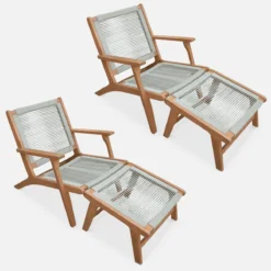 sweeek Set 2 poltrone da giardino e poggiapiedi in legno e corda
