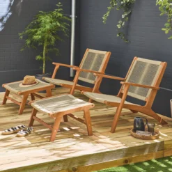 sweeek Set 2 poltrone da giardino e poggiapiedi in legno e corda