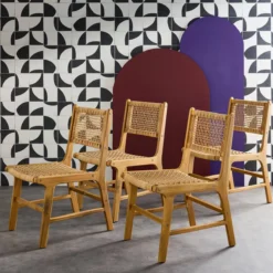 sweeek Set 4 sedie in canna e legno