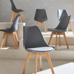 sweeek Set 6 sedie scandinave imbottite, gambe in legno per sala da pranzo