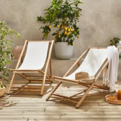 sweeek Set 2 sedie sdraio in bambù e tela naturale pieghevoli multiposizione