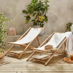 sweeek Set 2 sedie sdraio in bambù e tela naturale pieghevoli multiposizione