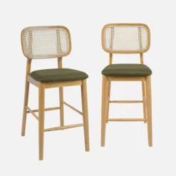 sweeek Set 2 sgabelli da bar in legno di hevea con impagliatura e tessuto, 66,5 cm