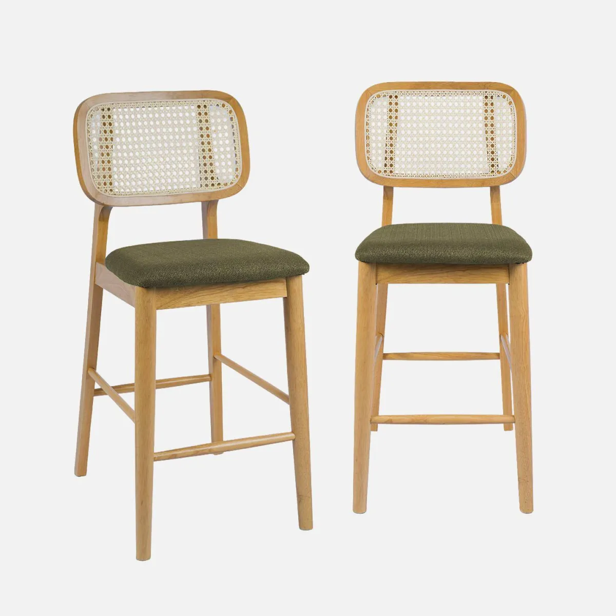 sweeek Set 2 sgabelli da bar in legno di hevea con impagliatura e tessuto, 66,5 cm