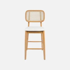 sweeek Set 2 sgabelli da bar in legno di hevea con impagliatura e tessuto, 66,5 cm