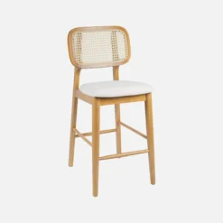 sweeek Set 2 sgabelli da bar in legno di hevea con impagliatura e tessuto, 66,5 cm
