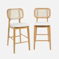 sweeek Set 2 sgabelli da bar in legno di hevea con impagliatura e tessuto, 66,5 cm