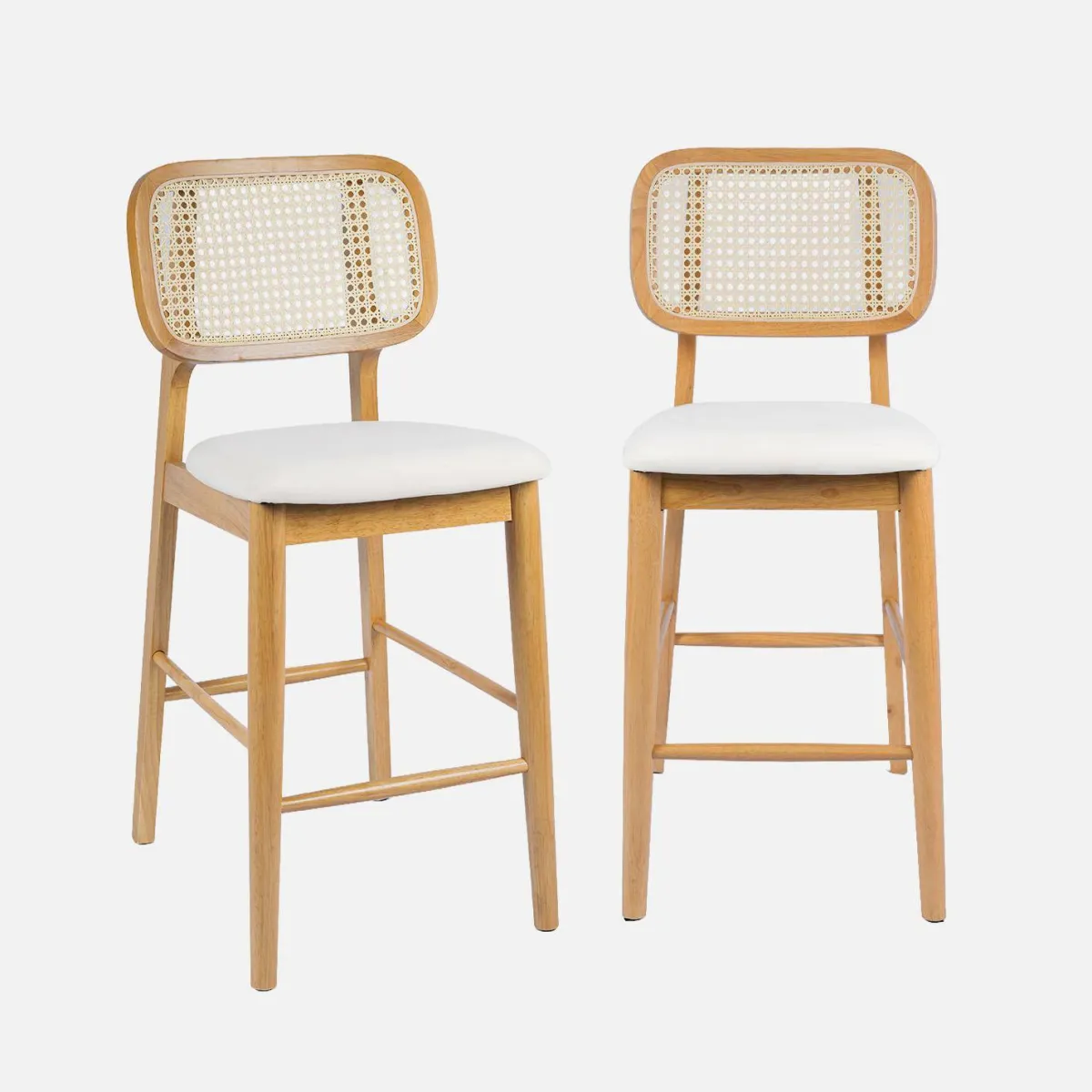 sweeek Set 2 sgabelli da bar in legno di hevea con impagliatura e tessuto, 66,5 cm