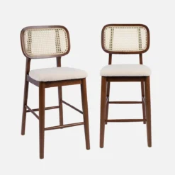 sweeek Set 2 sgabelli da bar in legno di hevea con canna e bouclé 66,5 cm