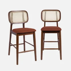 sweeek Set 2 sgabelli da bar vintage in legno di hevea con impagliatura e tessuto, 66,5 cm