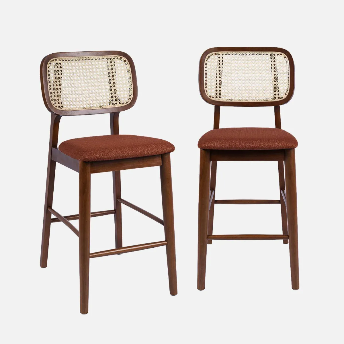 sweeek Set 2 sgabelli da bar vintage in legno di hevea con impagliatura e tessuto, 66,5 cm