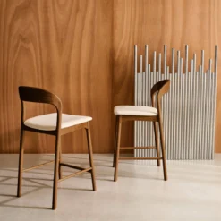 sweeek Set 2 sgabelli da bar vintage in legno di hevea e tessuto