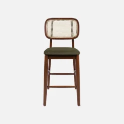 Set 2 sgabelli da bar vintage in legno di hevea con impagliatura e tessuto, 66,5 cm