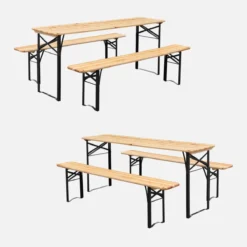 sweeek Set 2 tavoli da giardino pieghevoli in legno con 2 panche