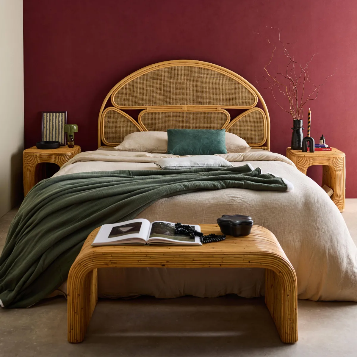 sweeek Set 2 tavolini da salotto, comodini con vano, in rattan naturale