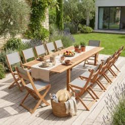 sweeek Set tavolo da giardino allungabile in legno di eucalipto con 12 sedie