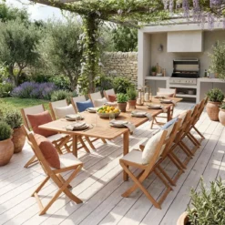 Set tavolo da giardino allungabile in legno di eucalipto con 12 sedie