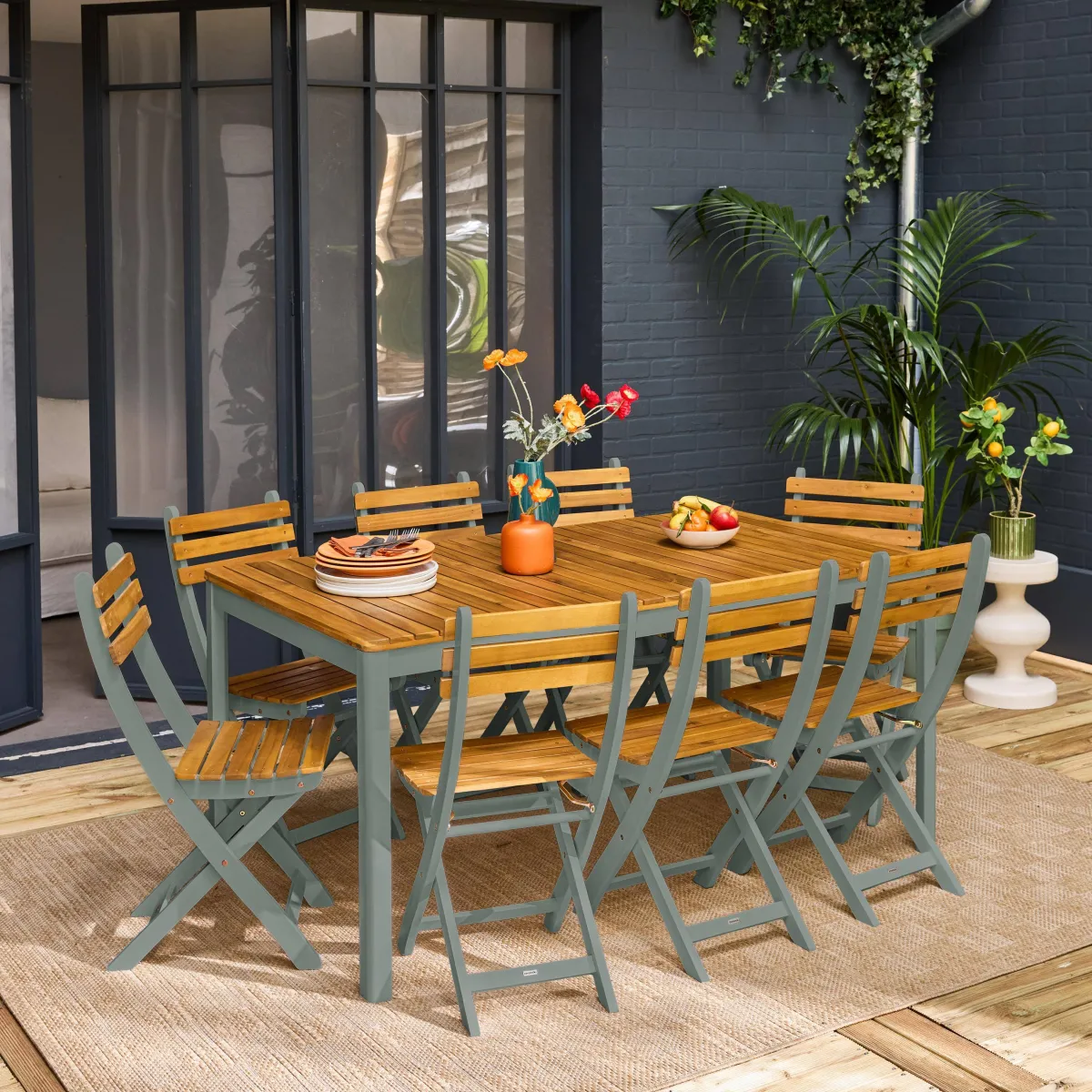 sweeek Set tavolo da giardino con angoli arrotondati in legno di acacia con 8 sedie