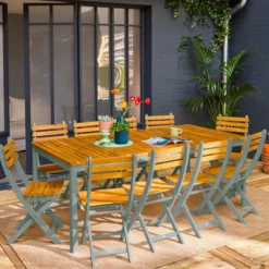 Set tavolo da giardino con angoli arrotondati in legno di acacia con 10 sedie