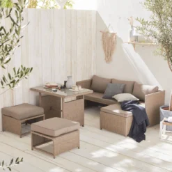 sweeek Set tavolo da giardino con pouf a incasso con 6 posti
