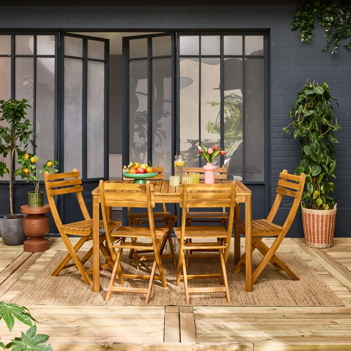 sweeek Set tavolo da giardino in acacia con angoli arrotondati con 6 sedie