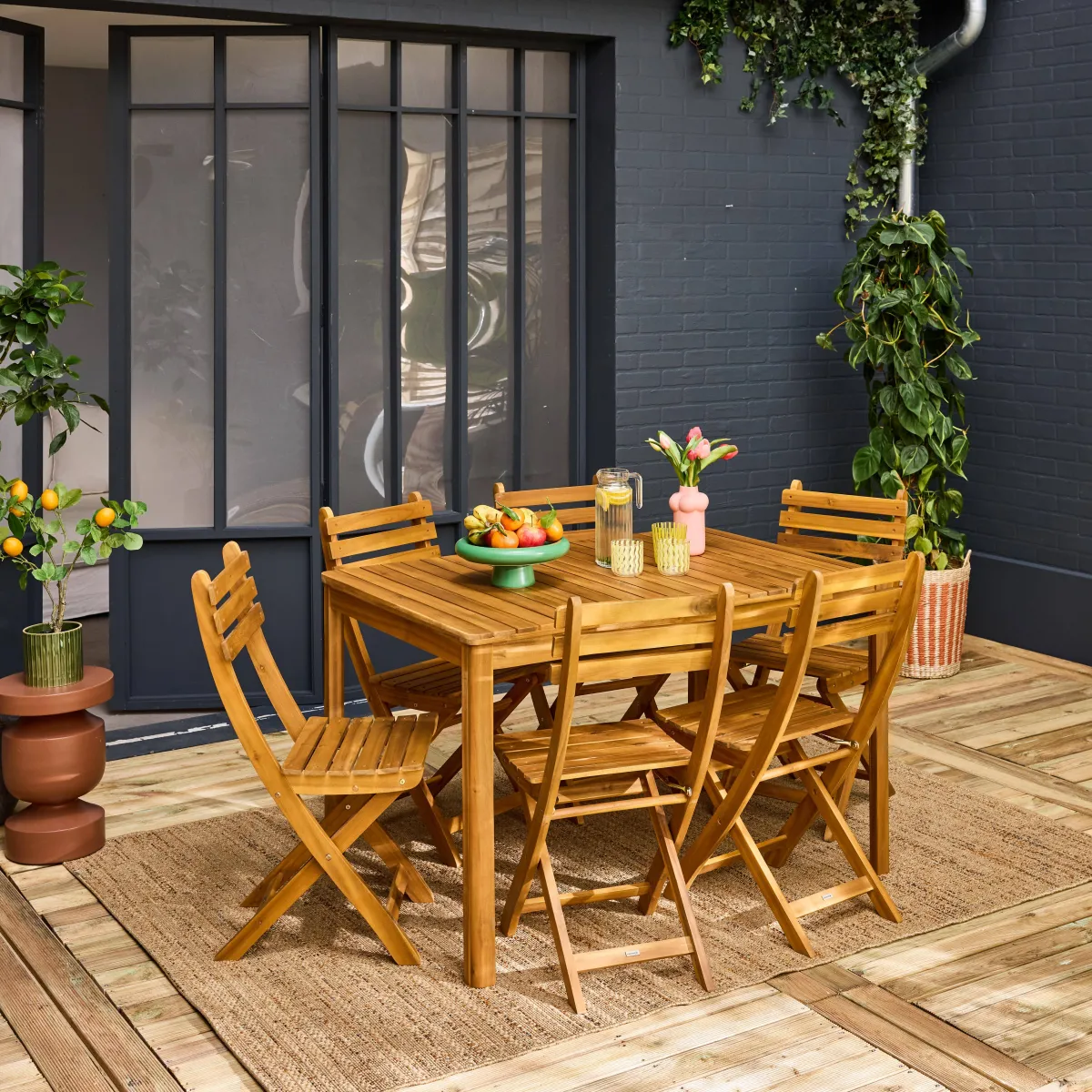 sweeek Set tavolo da giardino in acacia con angoli arrotondati con 6 sedie